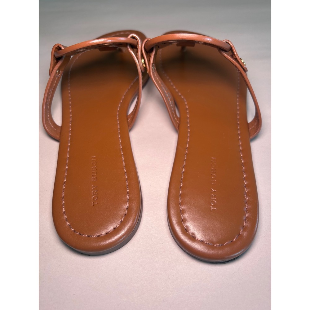 Tory Burch Miller Cloud Tan Leather Thong Sandals Gold Logo 8.5 14020 - Picture 5 of 7